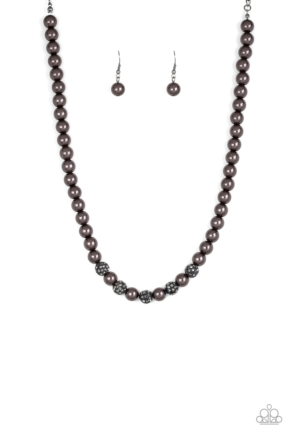 Paparazzi Accessories- Infused with glittery hematite rhinestone encrusted beads, a strand of pearly gunmetal beads drapes below the collar in a timeless fashion. Features an adjustable clasp closure.