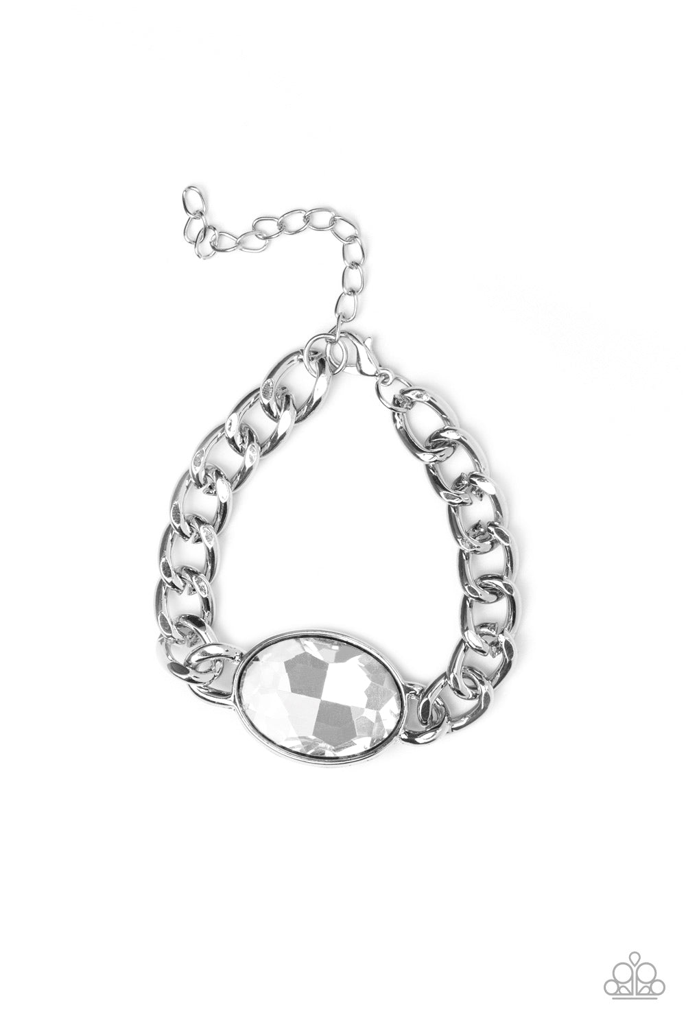 A bold statement, silver chain bracelet with a large stone in the center. Great for that special occassion.