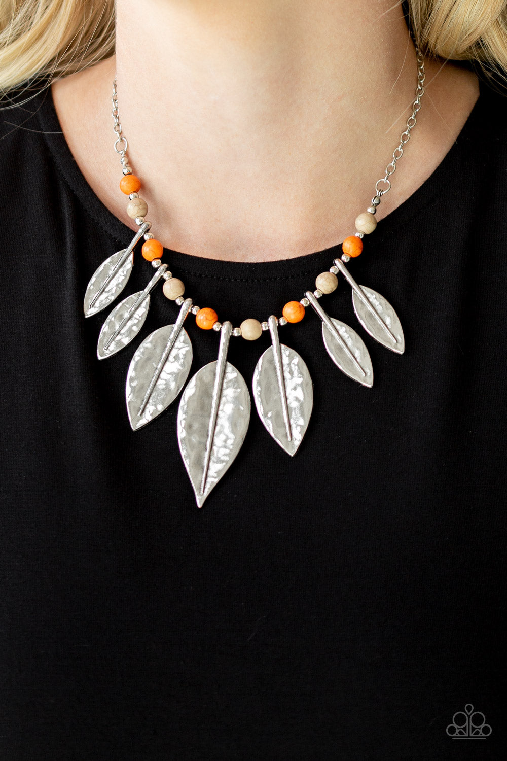 Paparazzi new necklace - Featuring lifelike detail, hammered silver leaf frames are threaded along an invisible wire below the collar. Infused with refreshing orange and brown stone beads, the leafy frames gradually increase in size for an artisan inspired finish.