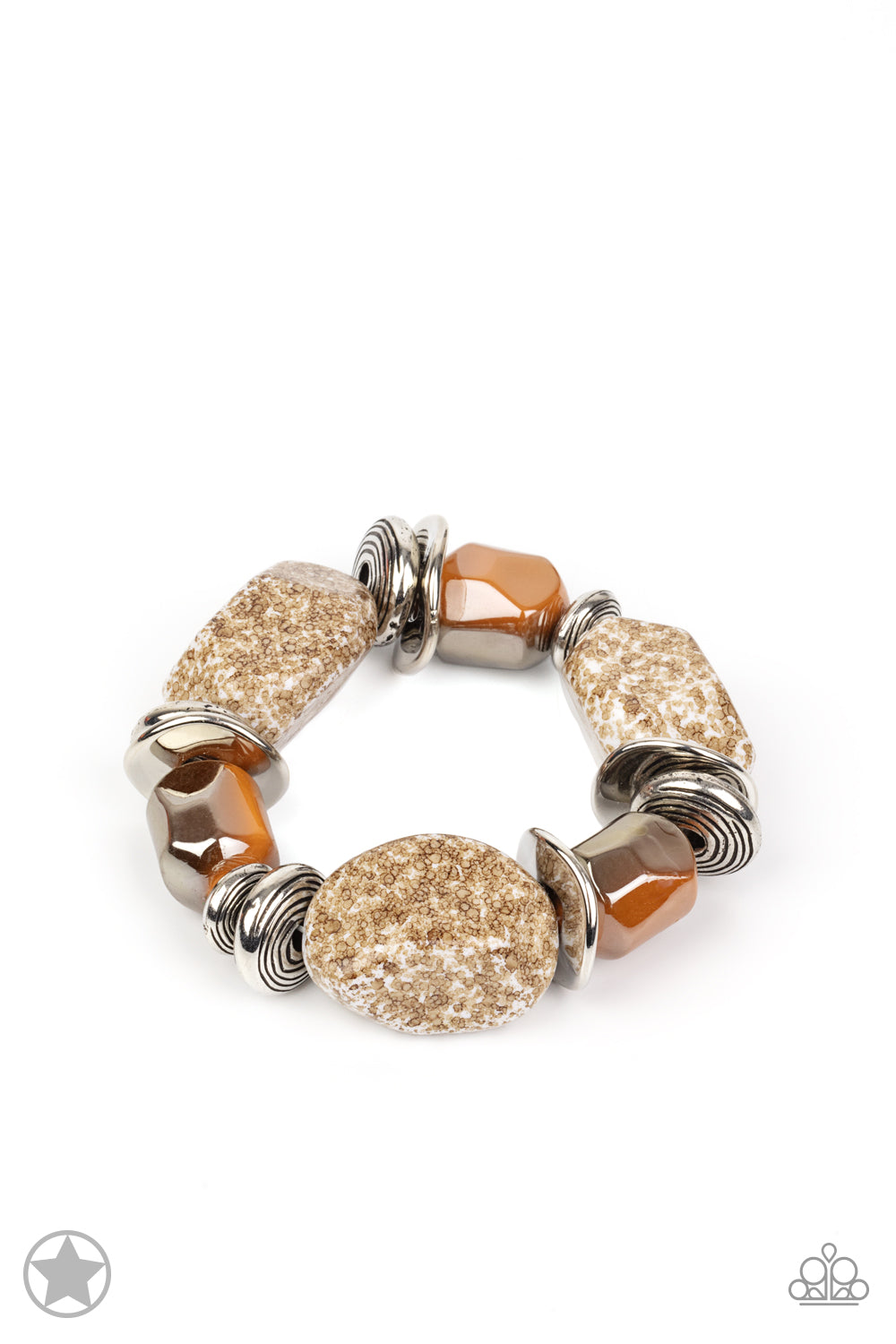 Chunky peach beads combine with intricate silver details on a stretchy band. Matches Blockbuster Necklace. All Paparazzi Accessories are nickel-free and lead free.