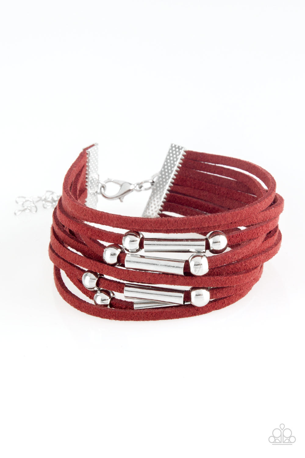 Paparazzi Accessories Red Bracelet with silver beads through the leatherlike strands. Claw hook clamp.