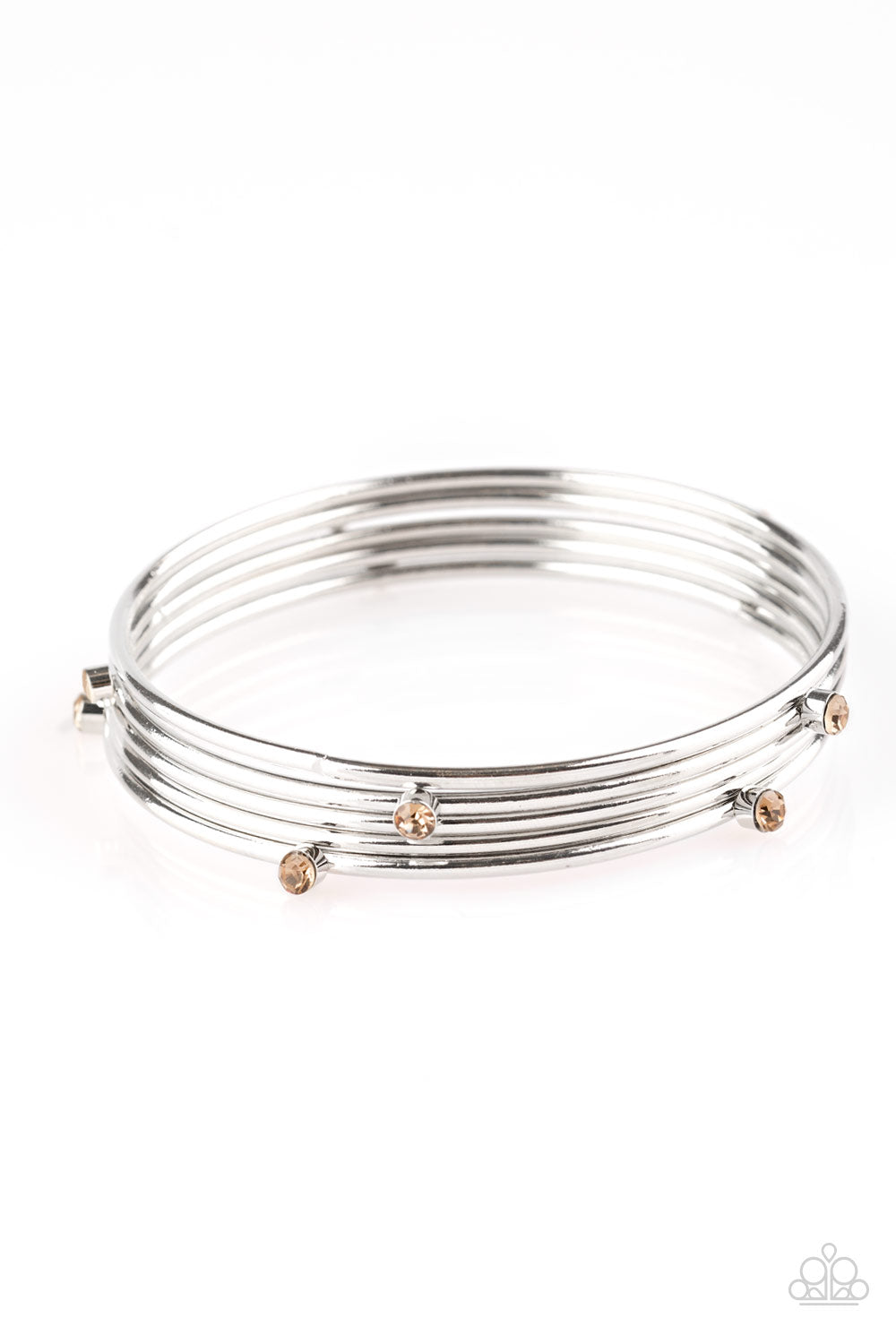 Paparazzi Bracelet with three shiny silver and two topaz rhinestone encrusted bangles stack across the wrist for a refined look.