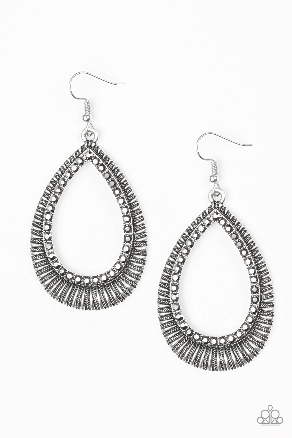 Paparazzi Earrings Silver - Right As REIGN Glittery hematite rhinestones spin around the center of an antiqued silver teardrop radiating with shimmery textures for an edgy look.