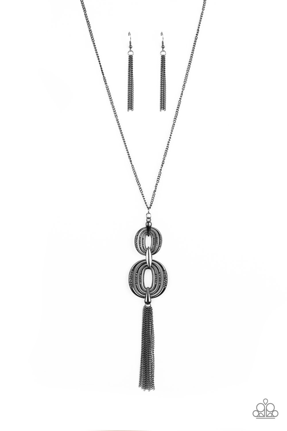 Bold statement necklace, sections of shimmer, gunmetal circular frames stack into a bold pendant 