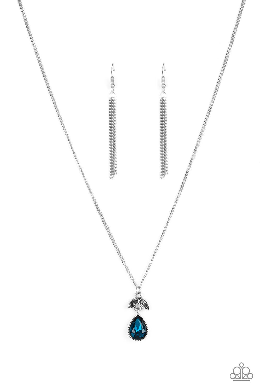 Paparazzi Accessories - Blue encrusted in glittery hematite rhinestones, leafy silver frames give way to a blue teardrop gem, creating a glamorous pendant below the collar.