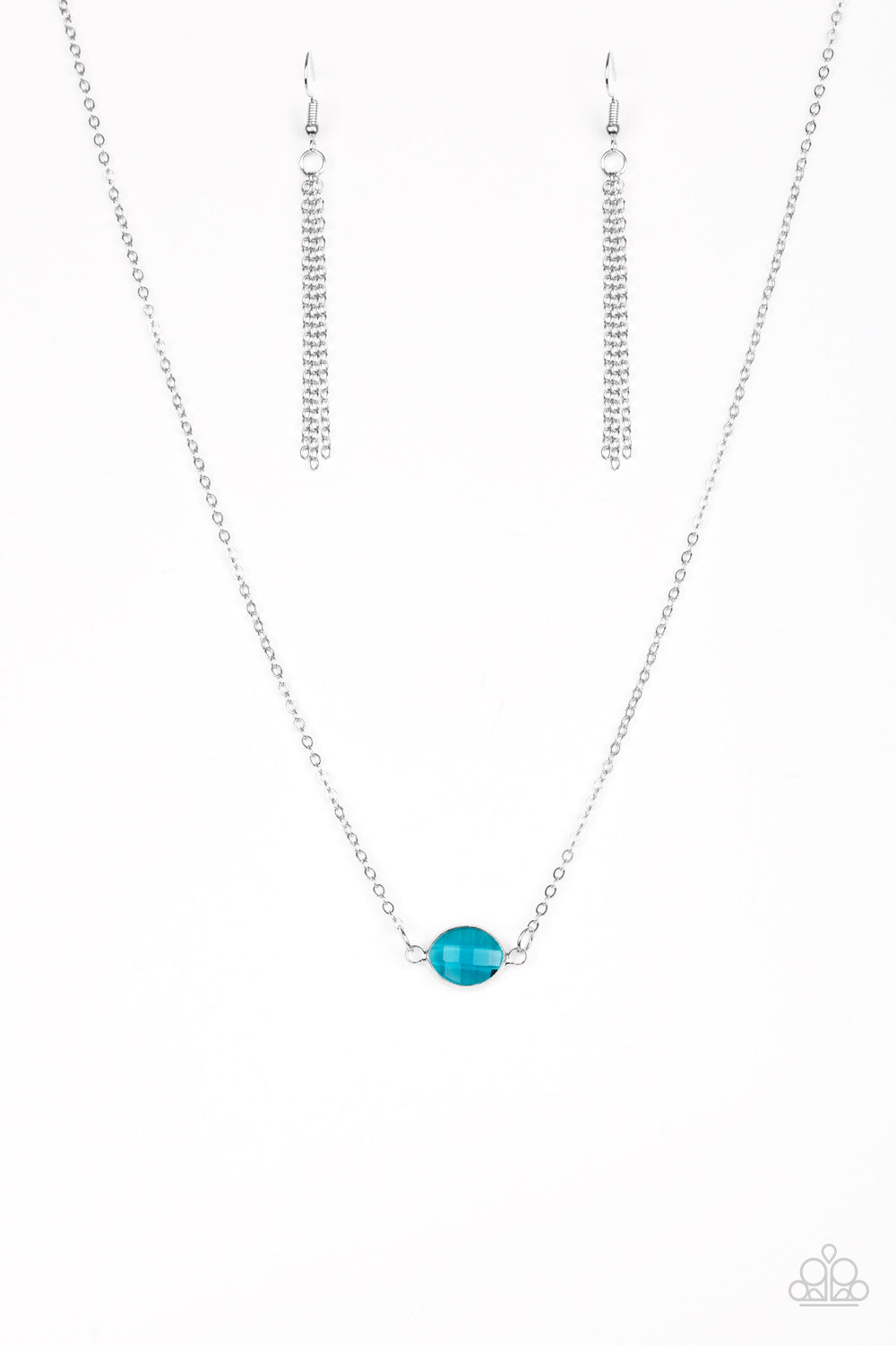 A regal marquise style cut, a glassy blue gem attaches to two shimmery silver chains
