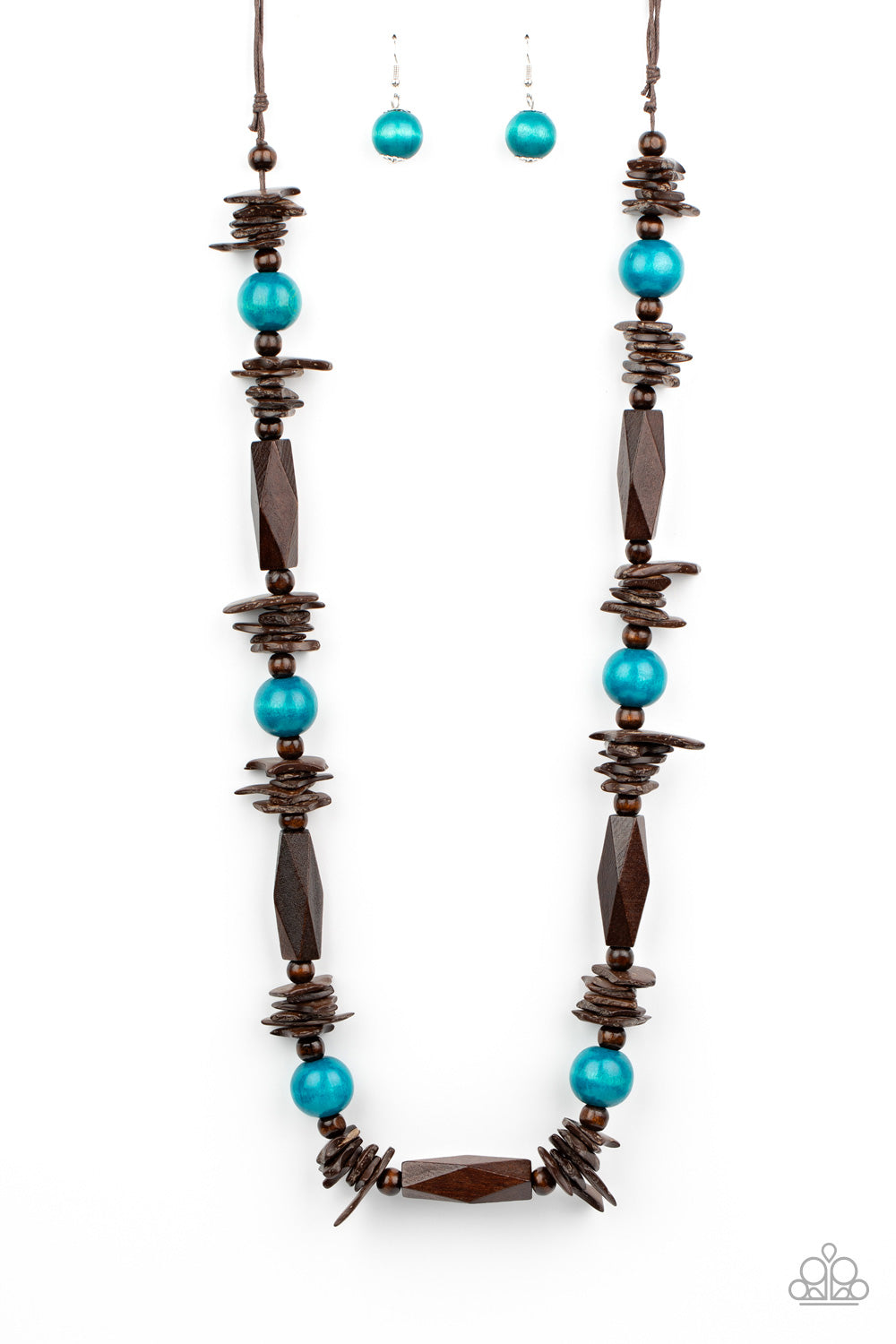 Refreshing blue wooden beads trickle between the earthy accents, adding a colorful finish to the summery palette. Features an adjustable sliding knot closure.  Paparazzi Accessories are lead-free and nickel-free.