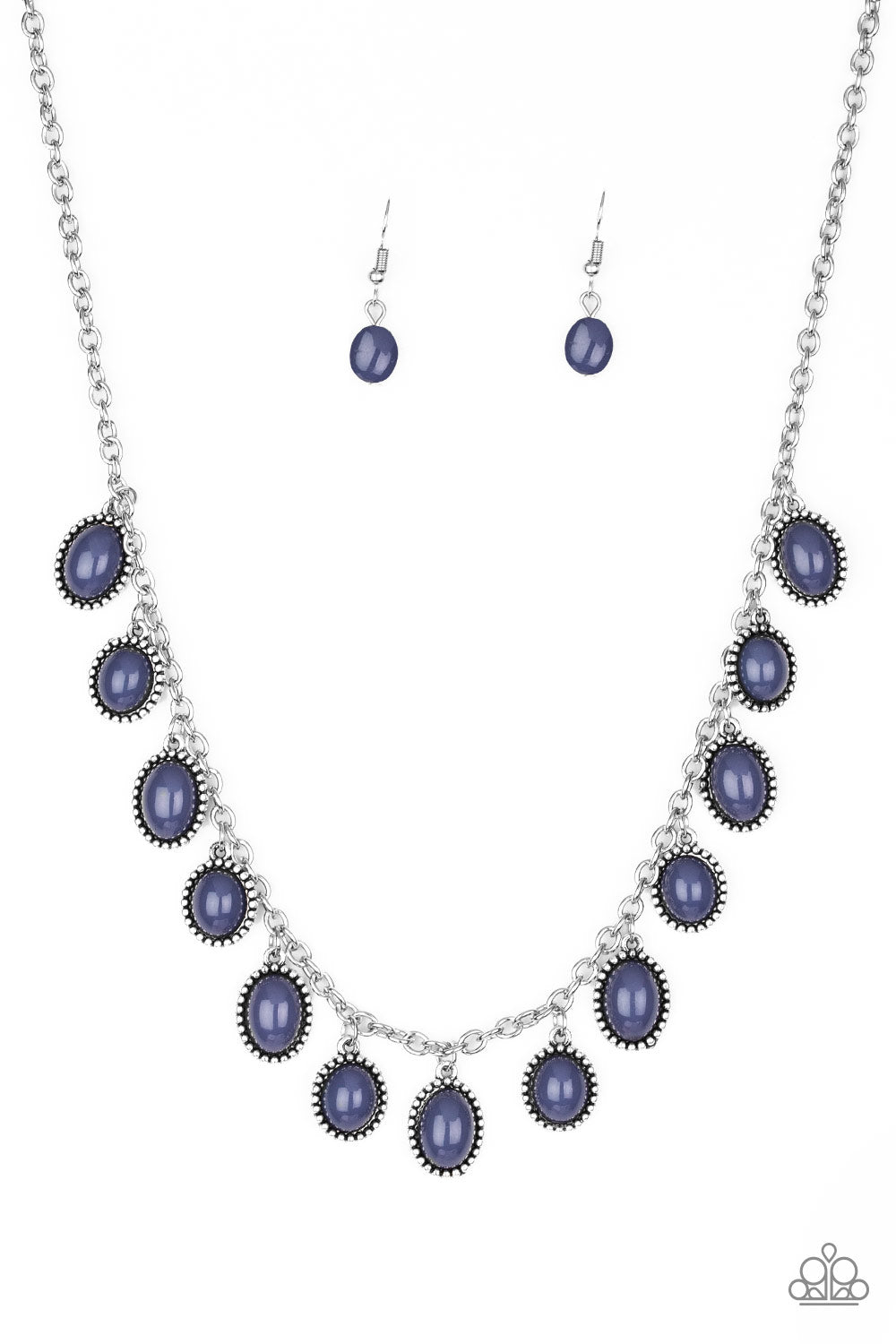 Blue necklace with beads and  silver trim.
