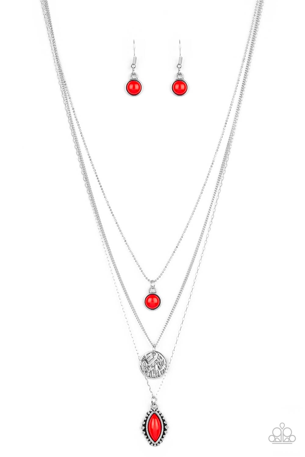A round red bead swings from the uppermost chain, above a scratched silver disc, and marquise-shaped red bead for a colorfully layered look. 