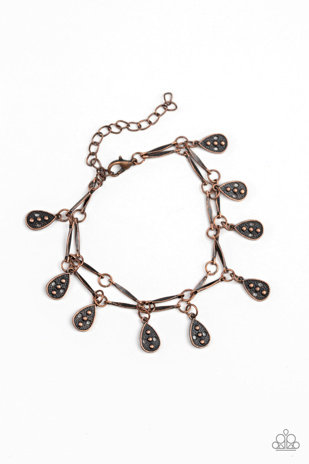 Paparazzi Accessories - Glistening copper rods and ornate teardrops link around the wrist in two rows, creating a playful fringe. Features an adjustable clasp closure.