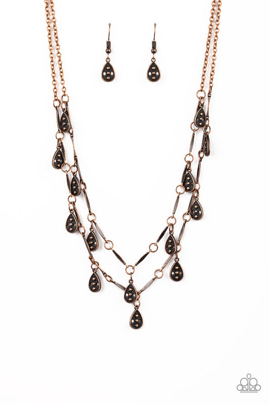 Paparazzi Accessories - Glistening copper rods and ornate teardrops link below the collar in two rows, creating a playful fringe. Features an adjustable clasp closure.