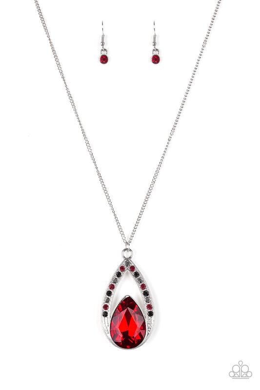 Paparazzi Accessories Necklace - A fiery red teardrop gem is pressed into a silver frame radiating with black, hematite, and red rhinestones. 