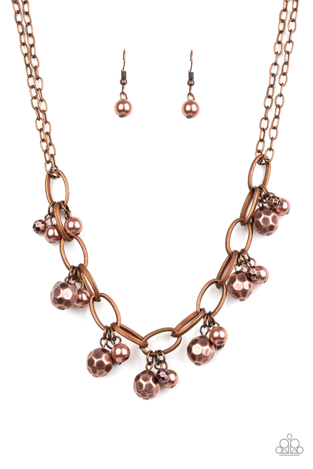 Paparazzi Necklace - Copper Varying in size, a collection of faceted copper and pearly copper beads swing from a bold copper chain, creating a whimsical metallic fringe below the collar. 
