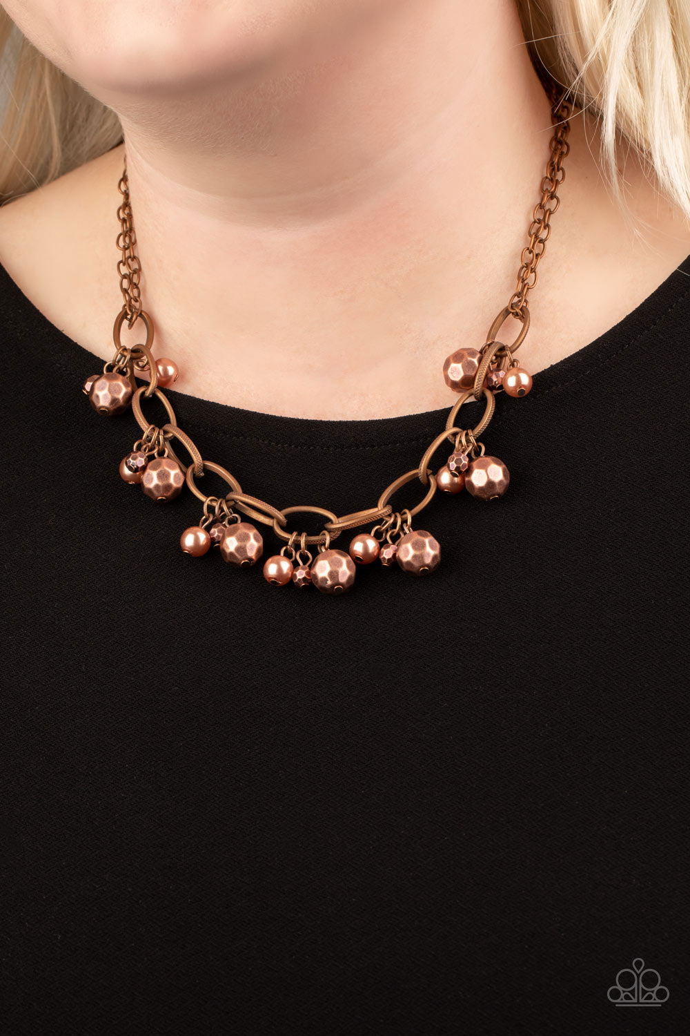 Paparazzi Necklace - Copper Varying in size, a collection of faceted copper and pearly copper beads swing from a bold copper chain, creating a whimsical metallic fringe below the collar. 