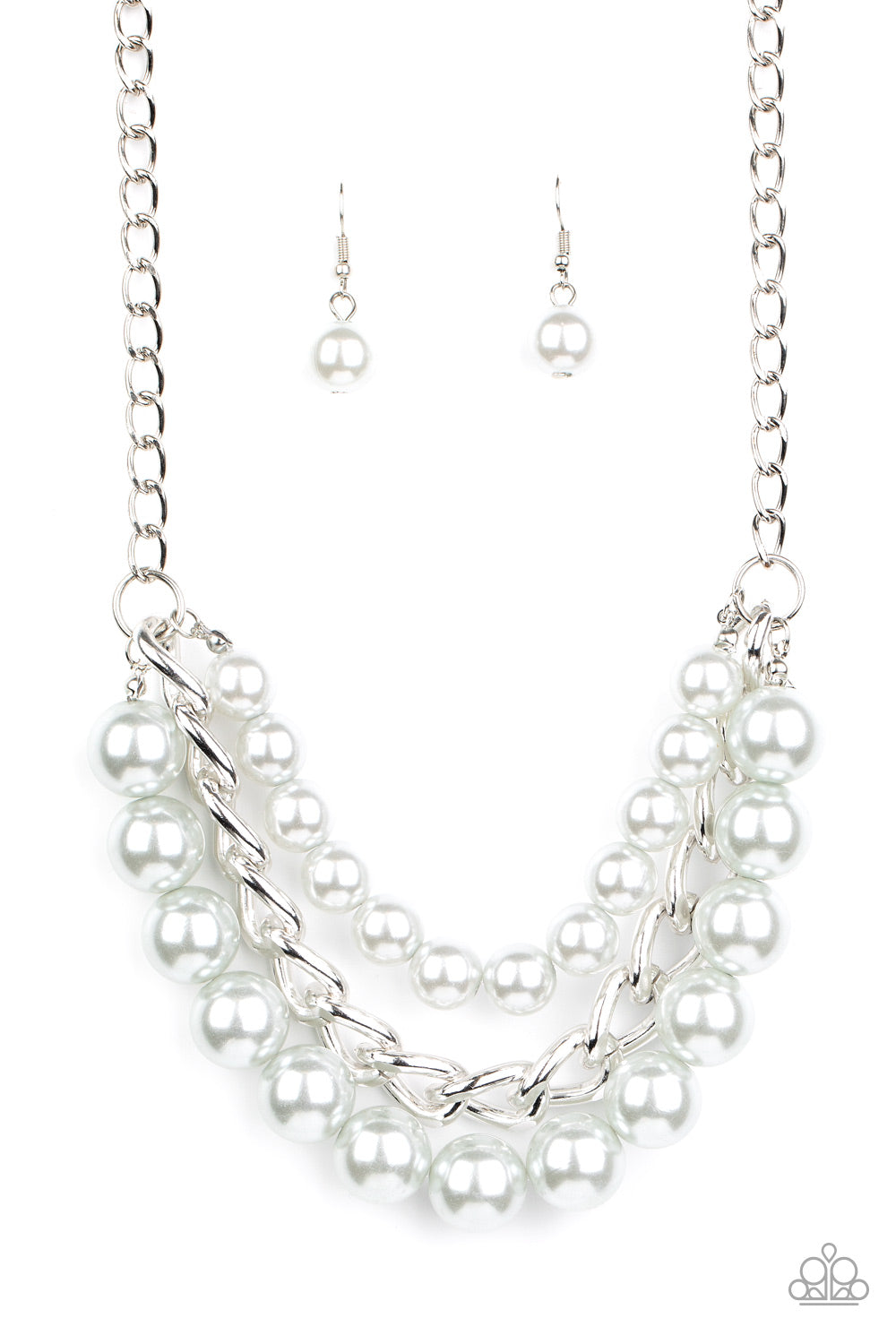 Two strands of dramatic silver pearls flank one strand of oversized silver chain, creating statement-making layers below the collar.  Paparazzi Accessories are nickel-free and lead free.