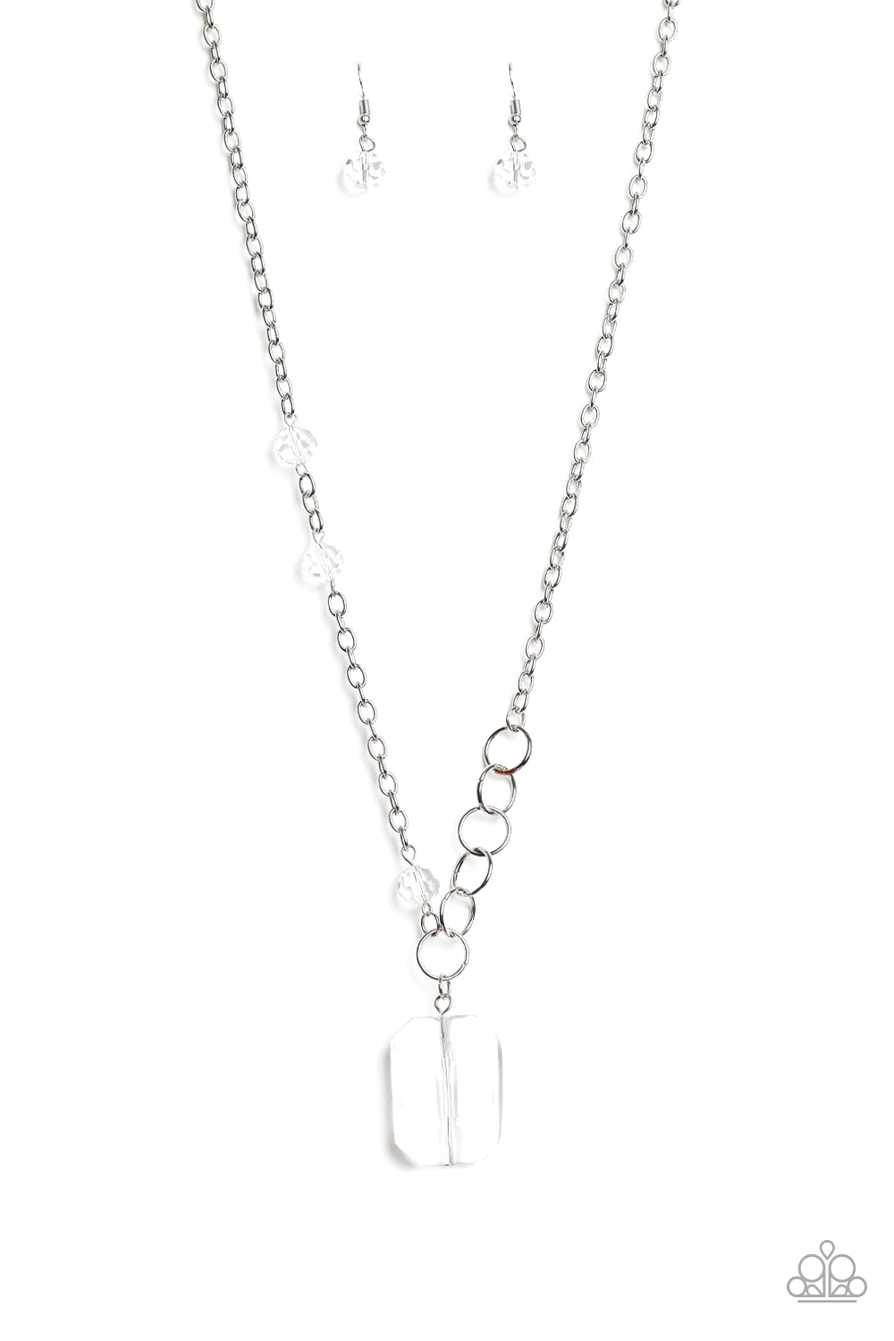Paparazzi Accessories - brilliant white acrylic center stone, dangling from a dainty silver chain. Classy indeed. 