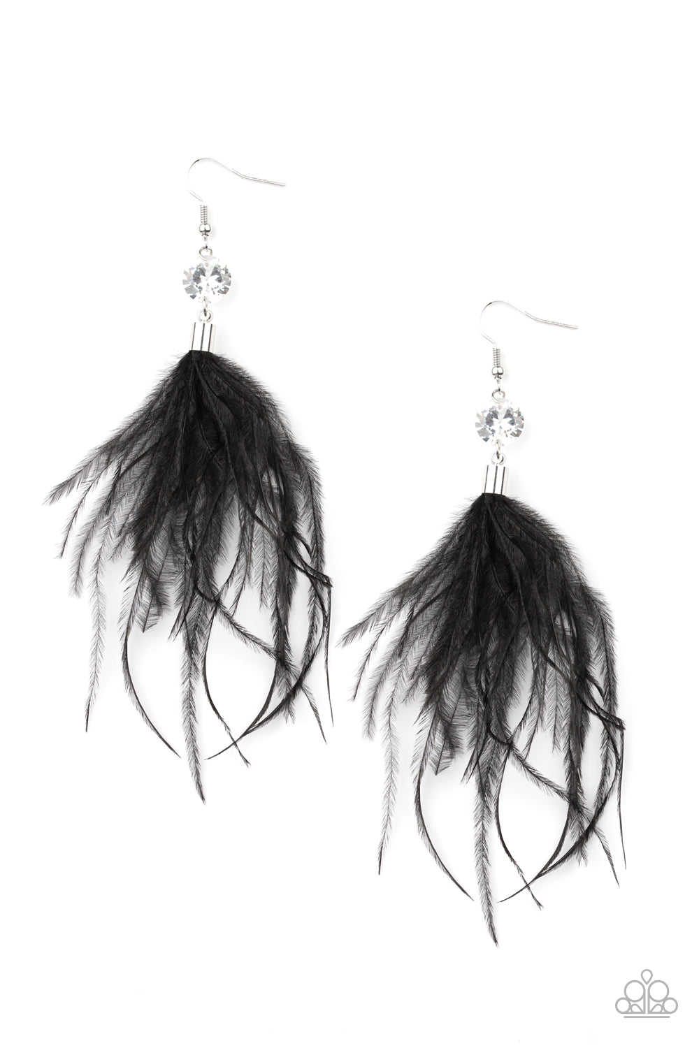 Fuzzy black feathers swing from the bottom of an oversized white rhinestone, creating a refined lure. Earring attaches to a standard fishhook fitting.  Sold as one pair of earrings.  New Kit