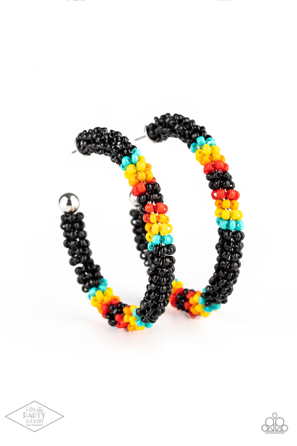 A colorful strand of black, blue, yellow, orange, and red seed beads wraps around a shiny silver hoop, creating a colorfully seasonal look. Earring attaches to a standard post fitting. Hoop measures approximately 2" in diameter.