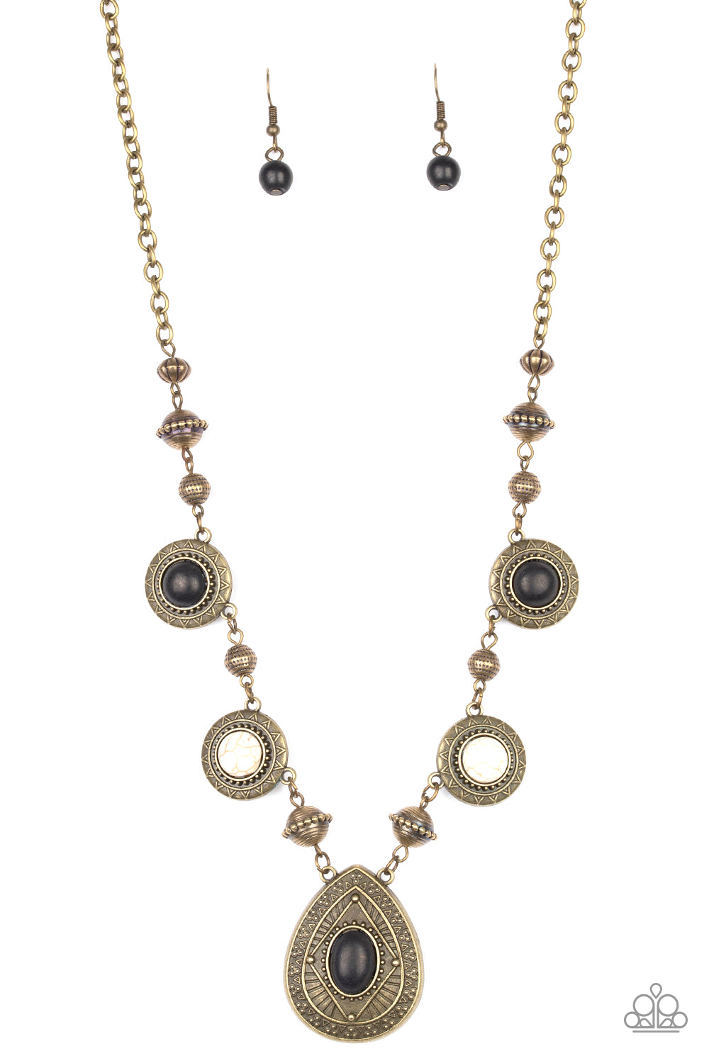 Paparazzi New Brass and black necklace with circles throughout. Includes a bonus pair of earrings.