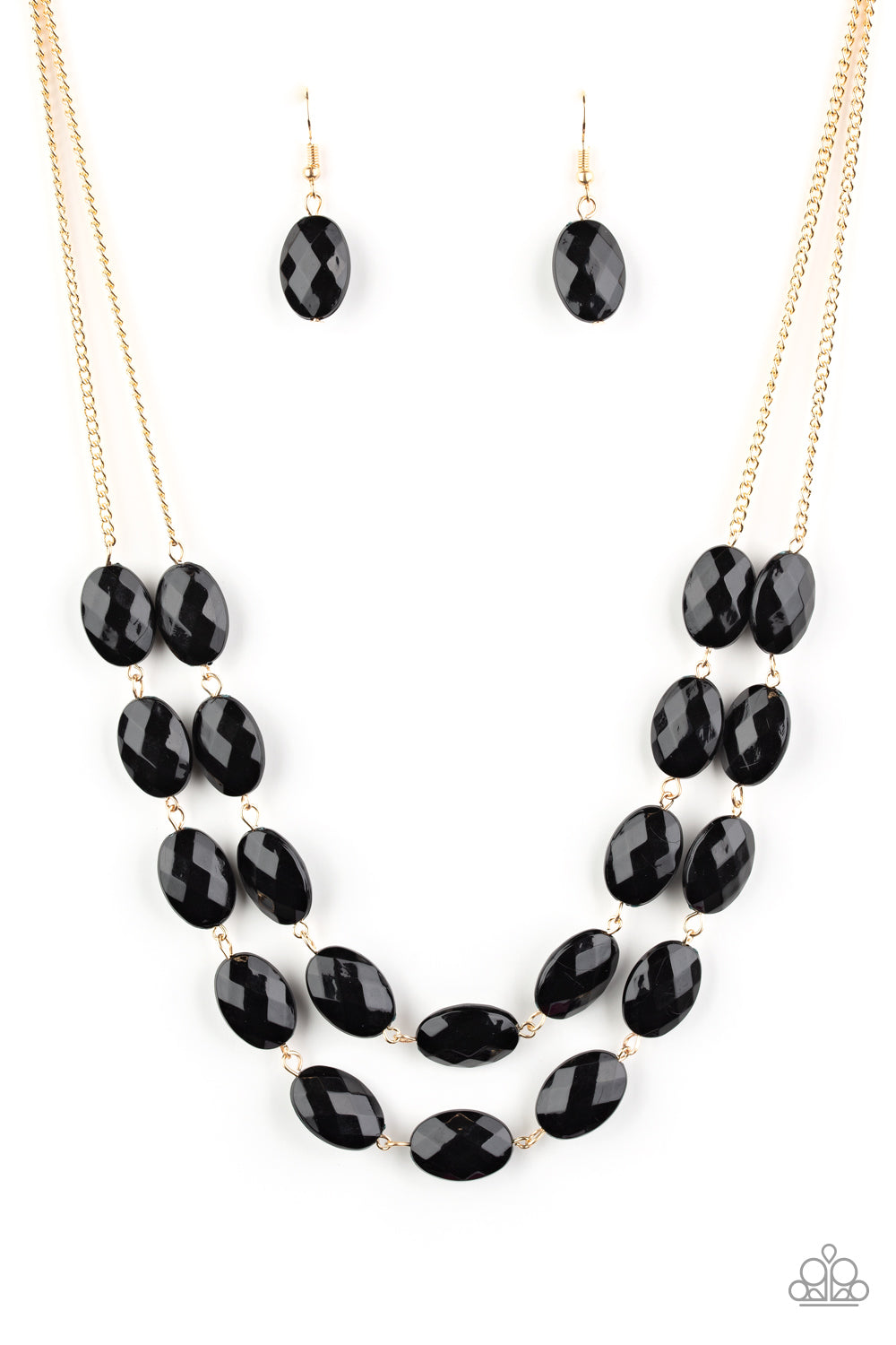 Paparazzi Necklace black beads dangling on a double gold sleek chain. 