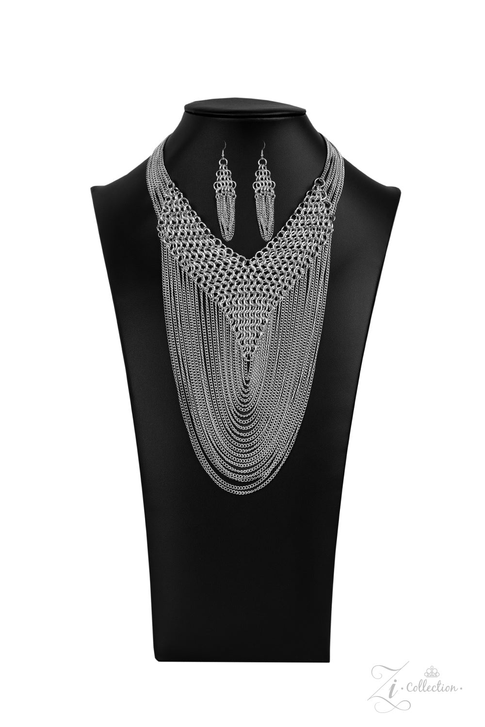 Zi Collection necklace, a thickly layered chains, a rebellious mesh of silver links connect into an edgy V-shaped net.