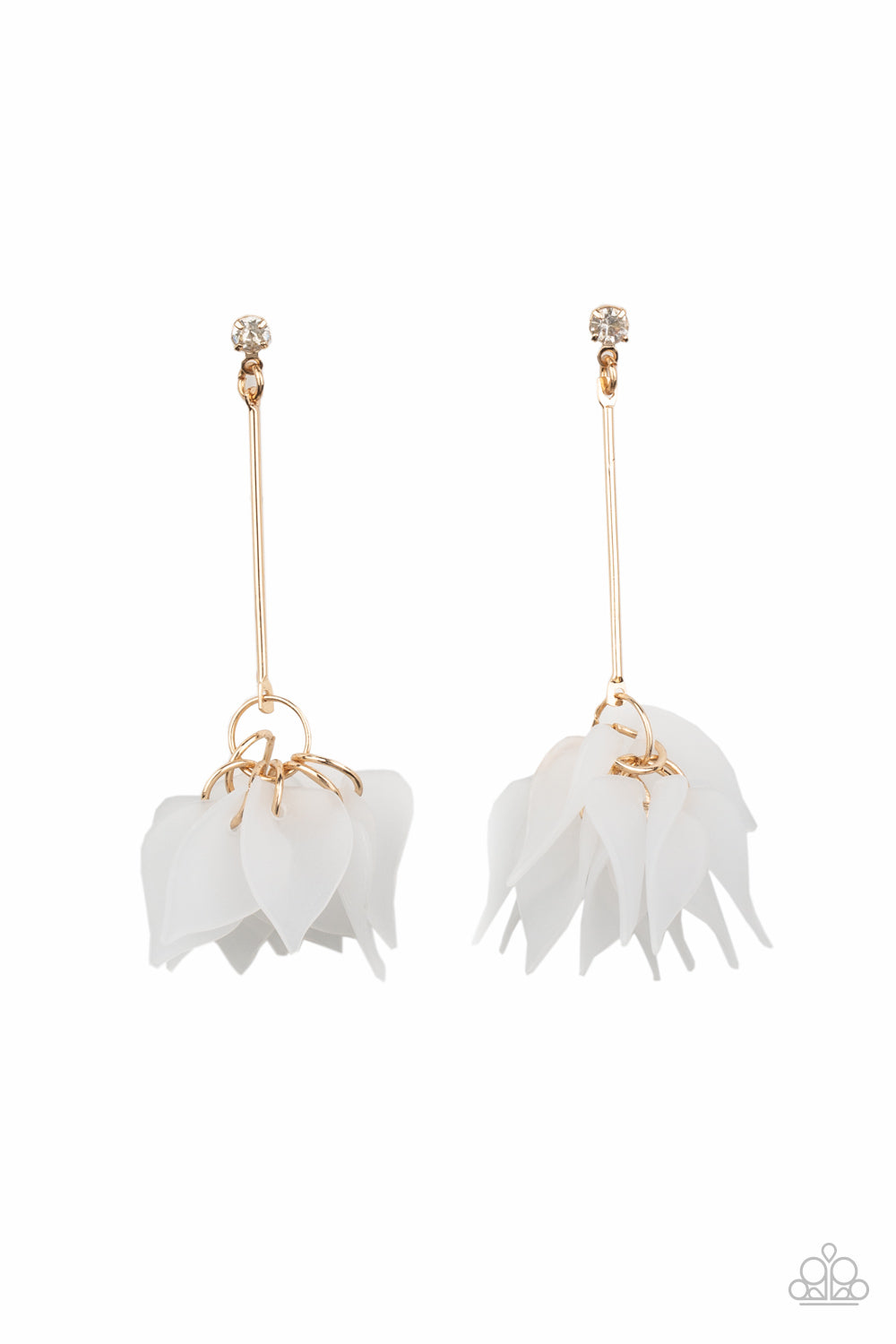Paparazzi earrings a collection of curving white acrylic petals cluster.