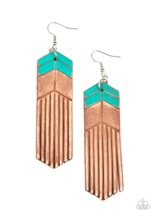 Paparazzi Accessories, painted in turquoise chevron-like details, a distressed leather frame is spliced into tasseled ends