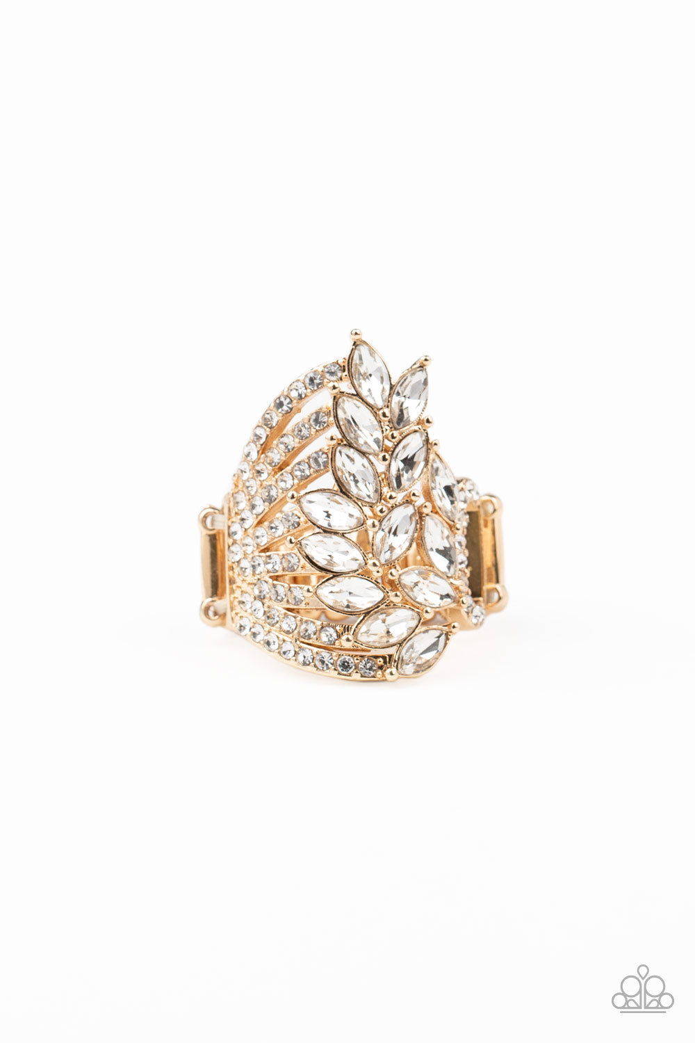 Attached to white rhinestone encrusted gold bands, a cascade of white marquise cut rhinestones fans across the finger, coalescing into a gorgeous statement maker. Features a stretchy band for a flexible fit. Life of the Party .