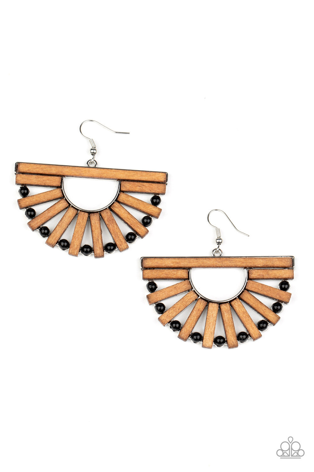 New Paparazzi Wooden Earrings - rectangular frames and dainty black beads alternate along an airy silver frame, coalescing into a radiant crescent for an earthy flair. Earring attaches to a standard fishhook fitting.