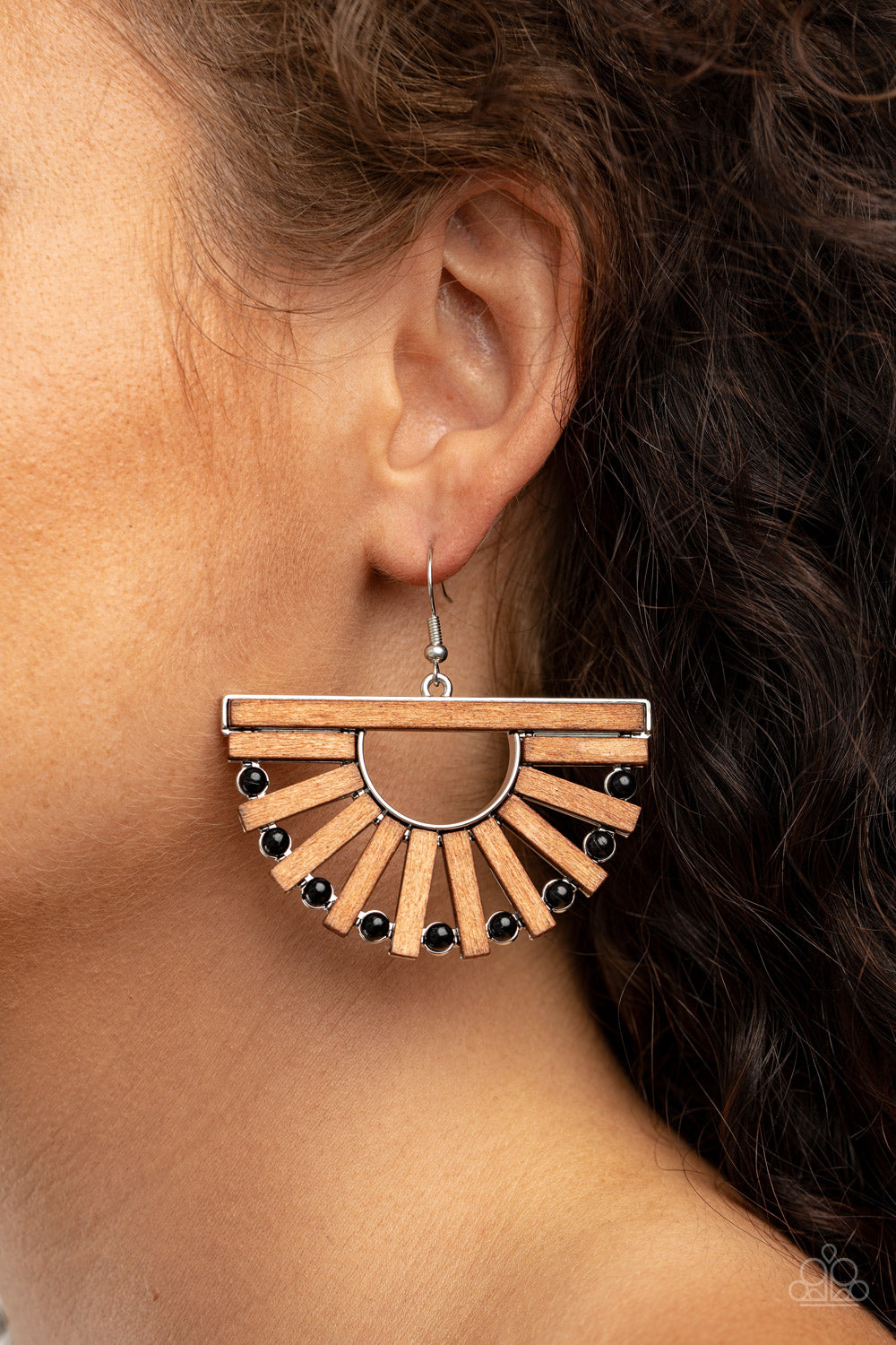 New Paparazzi Wooden Earrings - rectangular frames and dainty black beads alternate along an airy silver frame, coalescing into a radiant crescent for an earthy flair. Earring attaches to a standard fishhook fitting.