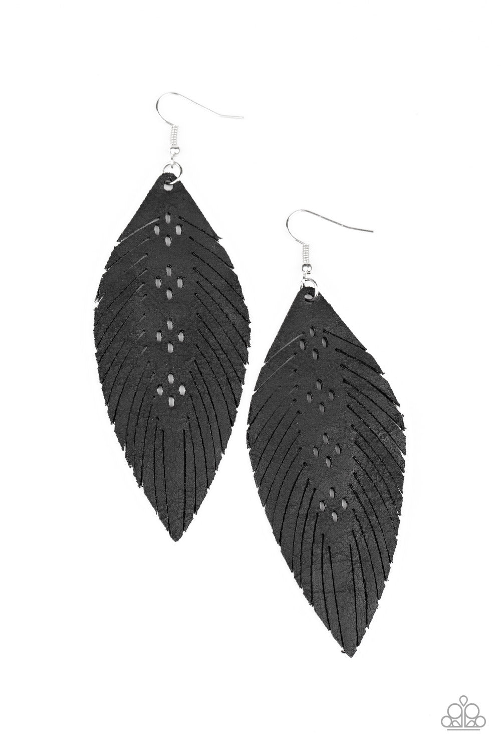 Paparazzi Earrings -With a distressed black leather frame is cut into a feathery frame for a free-spirited finish.