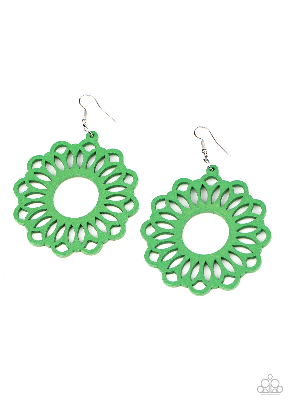 Paparazzi - Painted in a refreshing green finish, an airy wooden frame is cut into a whimsical stenciled pattern for a colorful floral look. Earring attaches to a standard fishhook fitting.