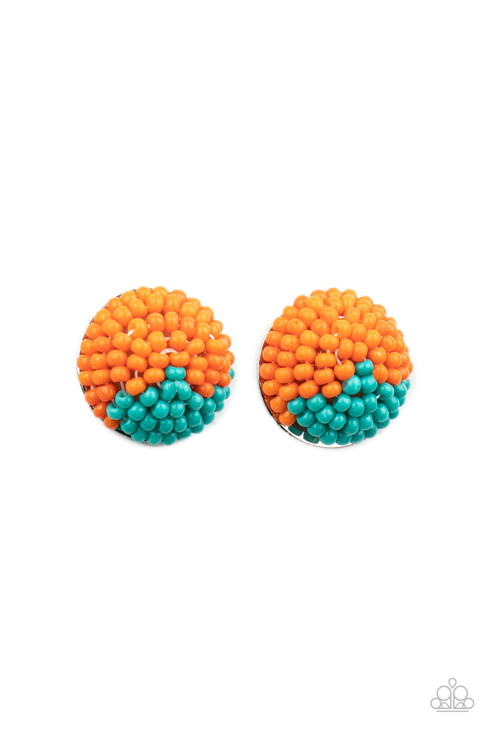 Paparazzi - A dainty collection of Amberglow and turquoise seed beads embellished the front of a circular frame, creating a colorful half and half pattern. Earring attaches to a standard post fitting.
