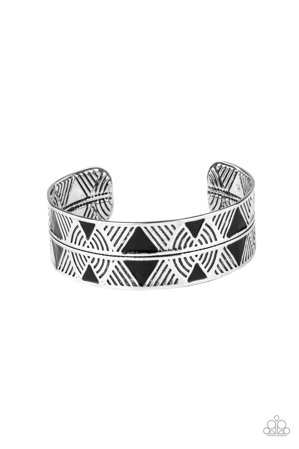 Paparazzi Accessories - Painted in shiny black triangular accents, a thick silver cuff embossed in a dizzying linear pattern has been spliced down the center for a tactile finish.