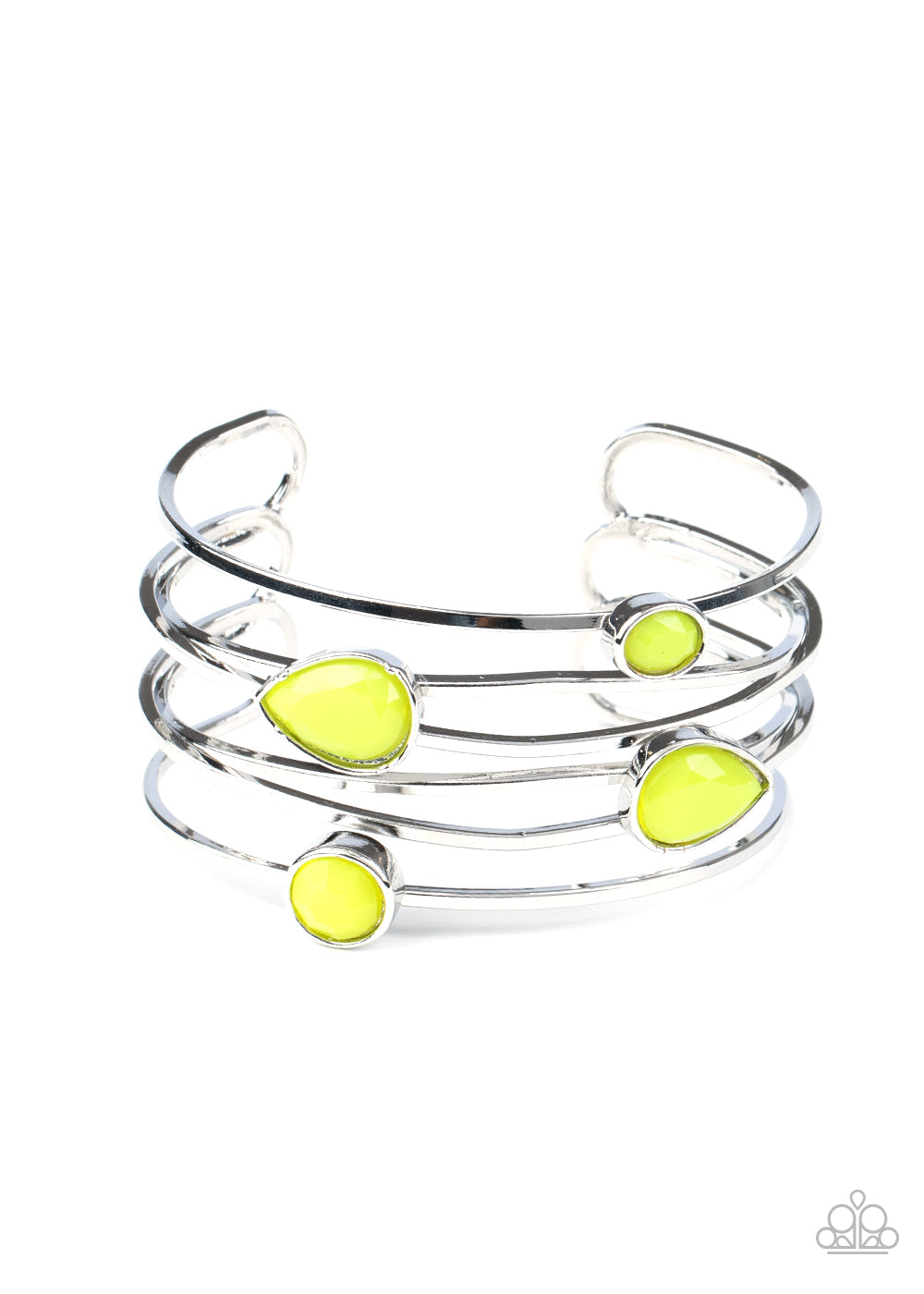 Paparazzi Accessories bracelet, a neon collection of faceted yellow beads haphazardly dot the tops of imperfect crisscrossing silver bars, coalescing into a colorfully retro cuff around the wrist.