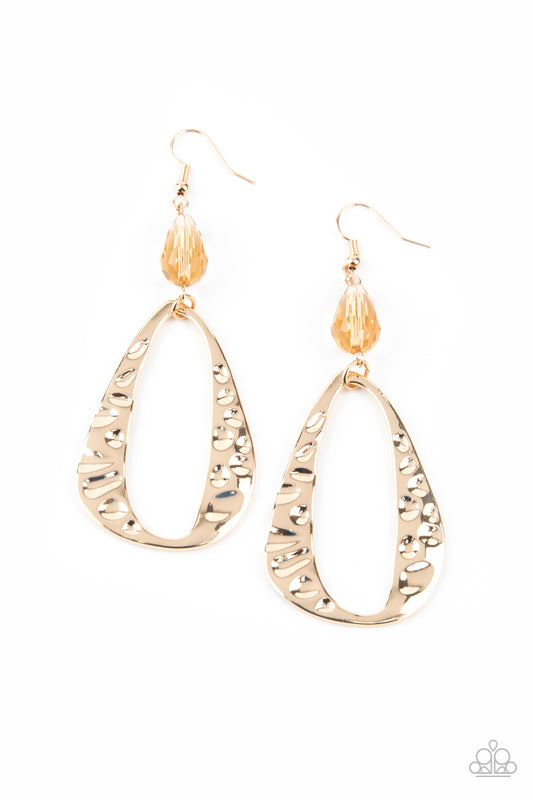 Paparazzi Earrings-Hammered in shimmery detail, a gold teardrop swings from the bottom of a golden crystal-like teardrop bead for a refined flair.