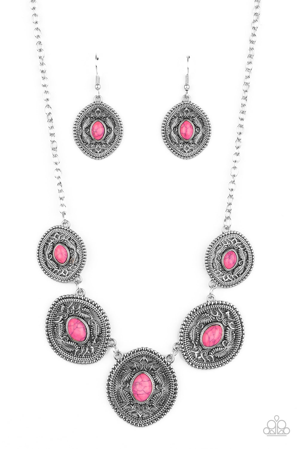 Paparazzi necklace with a A dainty pink stone with dot centers of leafy silver filigree filled frames that delicately connect below the collar, creating a colorfully earthy look.