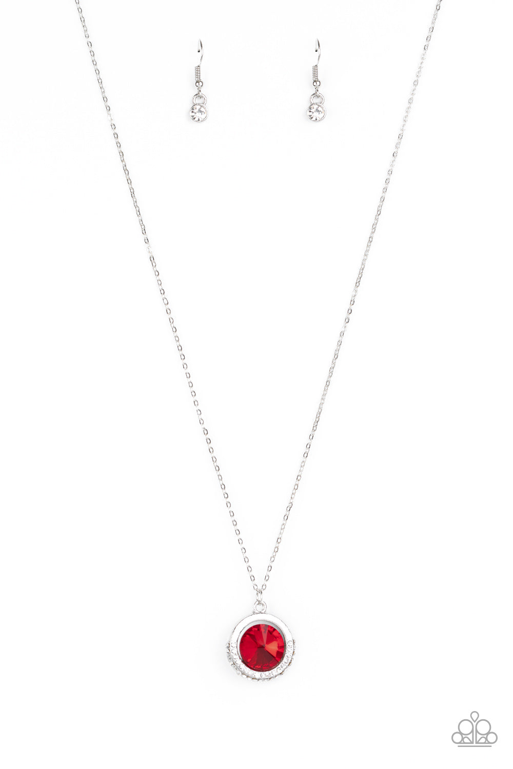 Beautiful red necklace, dipped in glitter, the bottom of a radiant silver frame is encrusted in sparkly white rhinestones 