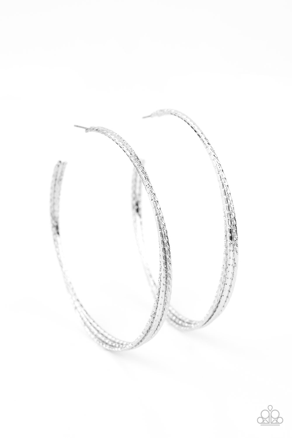 New Paparazzi Silver Hoops - Varying in hammered and diamond-cut textures, three glistening silver bars dramatically curl into an oversized hoop for a glamorous finish. 3" 1/4 size