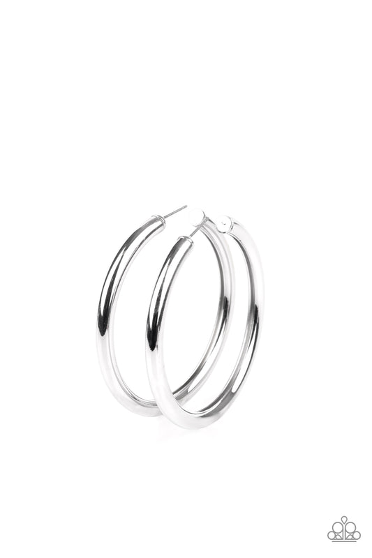 Paparazzi large hoops with a thick silver bar delicately curls into a glistening oversized hoop for a retro look