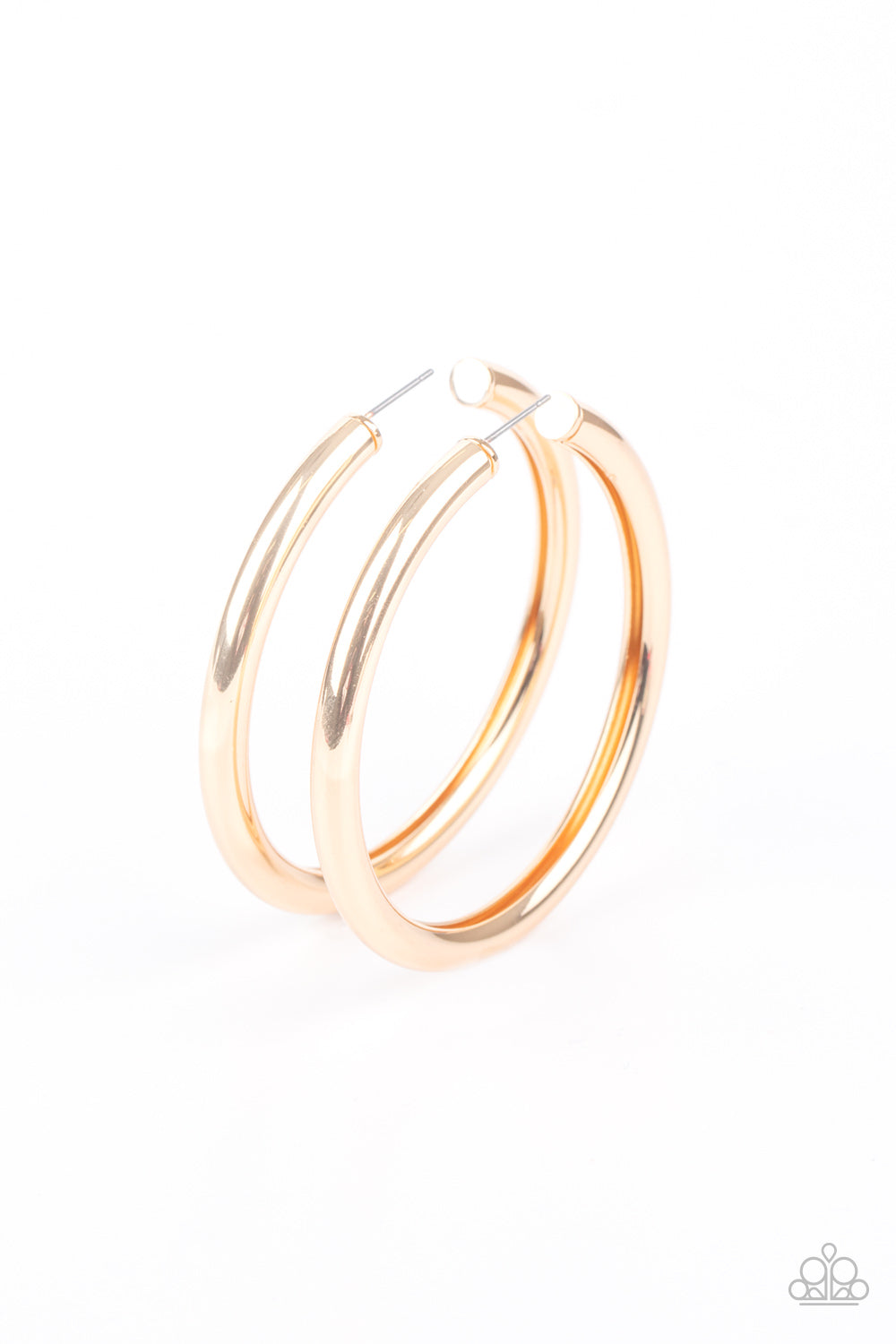 Paparazzi Accessories earrings a thick gold bar delicately curls into a glistening oversized hoop for a retro look. Earring attaches to a standard post fitting. 