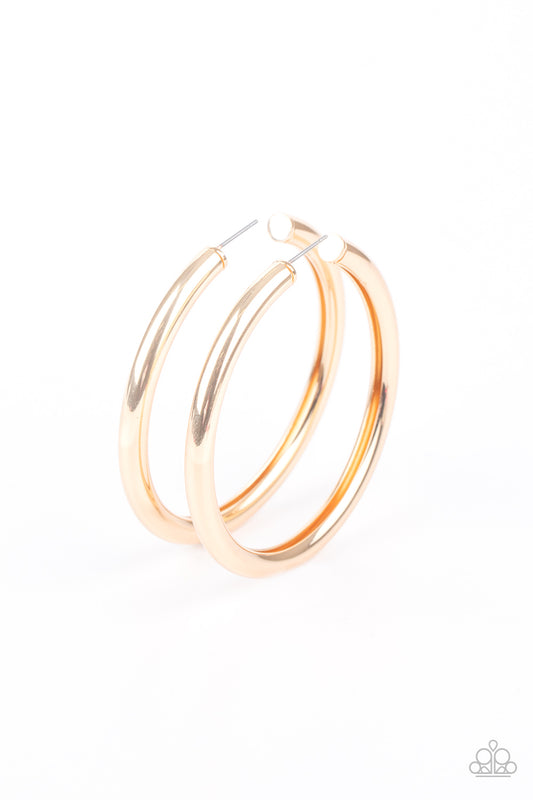 Paparazzi Accessories earrings a thick gold bar delicately curls into a glistening oversized hoop for a retro look. Earring attaches to a standard post fitting. 