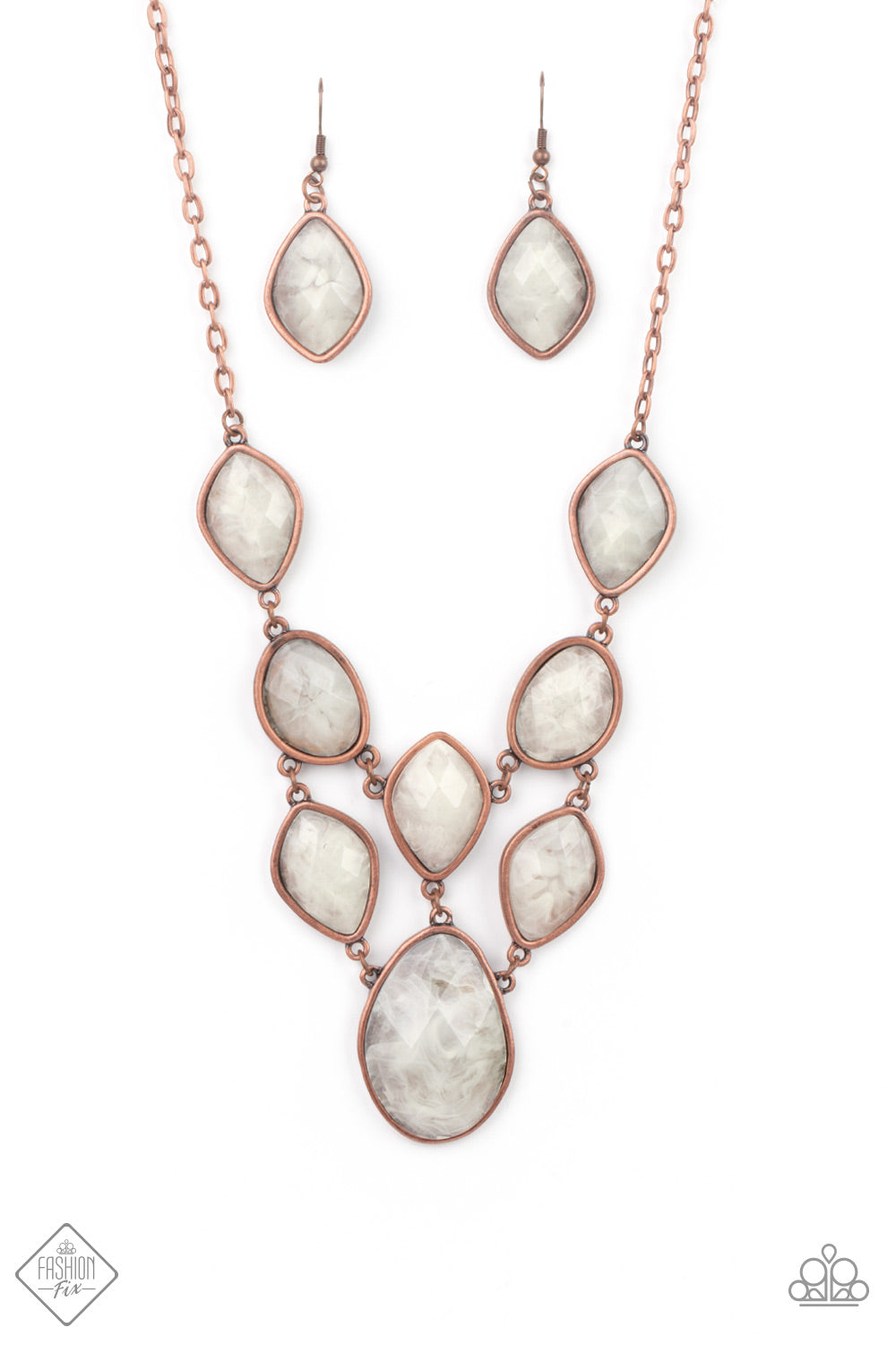 Paparazzi Accessories- Featuring faceted surfaces, a collection of cloudy faux stone beads are pressed into rustic copper frames as they link into a mystical netted display below the collar. 