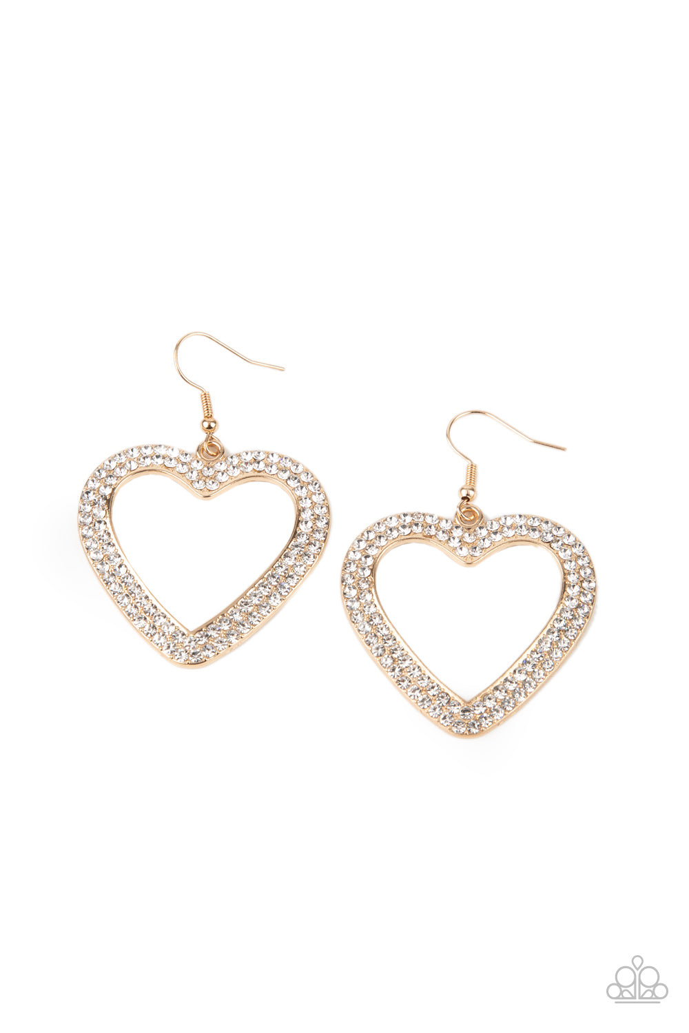 Paparazzi earrings, glassy white rhinestones are encrusted along the front of a gold heart frame, creating a flirty centerpiece
