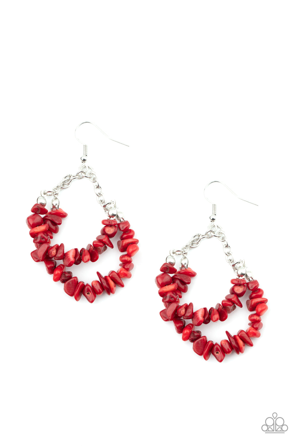 Red fiery pebble-like earrings, threaded on a thin silver hoop. Soft and sassy look for any occasion. 