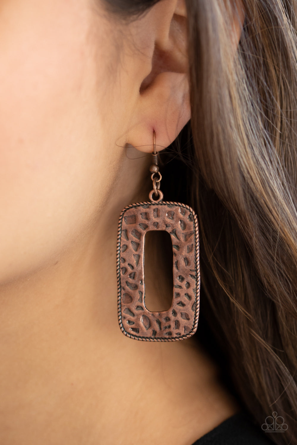 Paparazzi Earrings, bordered in metallic rope-like details, a copper rectangular frame has been hammered in antiqued textures for a rustically radiant look. 