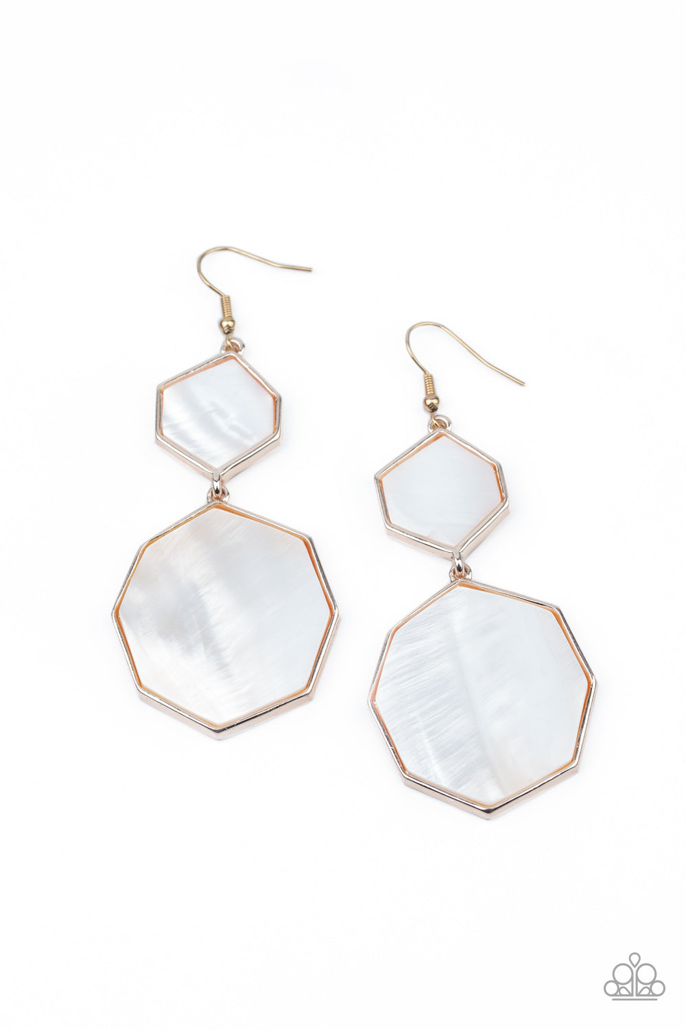 Encased in sleek rose gold frames, white shell-like hexagonal frames link into a whimsical lure. Paparazzi Accessories are nickel-free and lead free. 