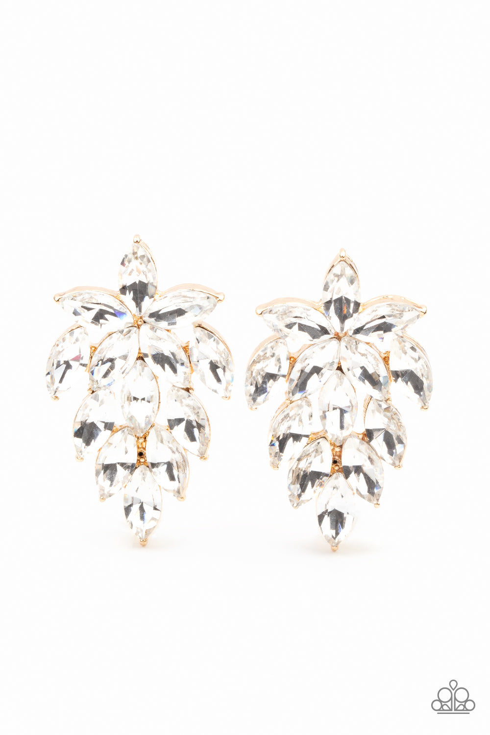 Bling earrings, featuring dainty gold studded accents, a sparkly collection of marquise cut white rhinestones flare.