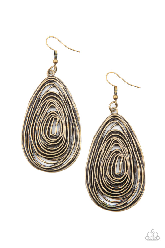 Paparazzi - Brushed in an antiqued shimmer, rustic brass wire delicately coils into an asymmetrical teardrop frame for a handcrafted look. Earring attaches to a standard fishhook fitting.