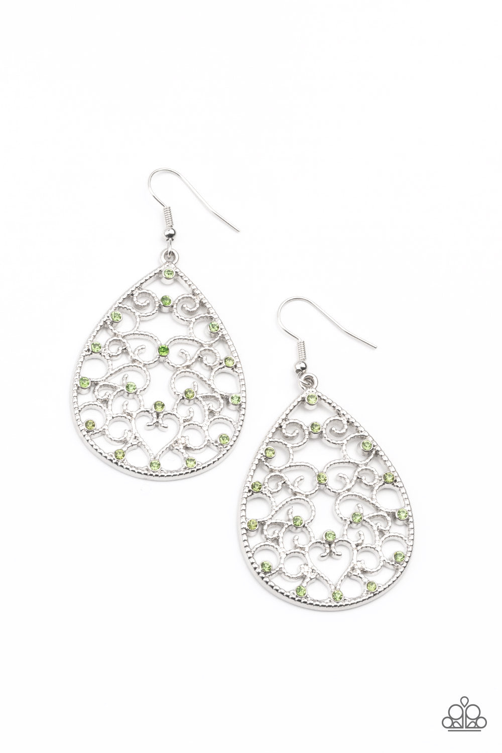 Paparazzi Accessories - Dotted with dainty green rhinestones, studded silver filigree vines across the front of a silver teardrop frame for an enchanting look.